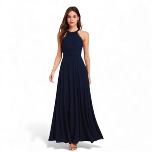 Lulus Joella Navy Blue Lace Halter Maxi Dress XS – Elegant Formal Gown